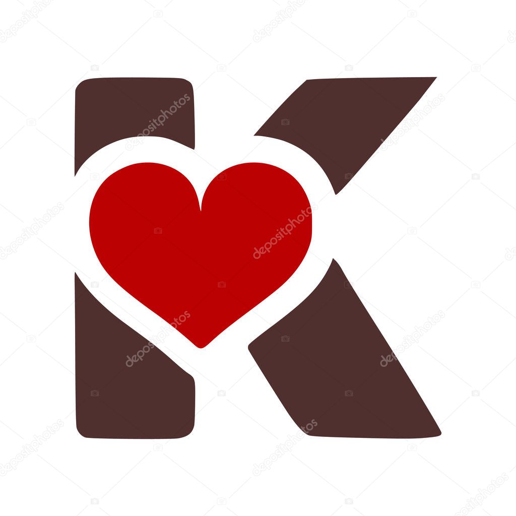 Letter k with heart symbol doodle icon