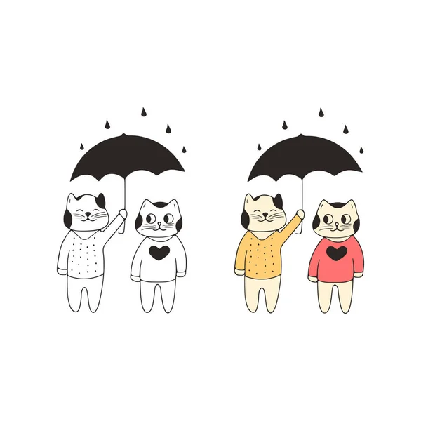 Drôle Couple Chats Avec Icône Gribouillage Parapluie Animaux Mignons Art — Image vectorielle