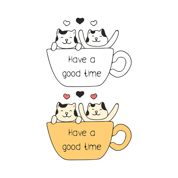 Funny Cats Cup Doodle Icon Have Good Time Artwork Cute — Vector de stoc