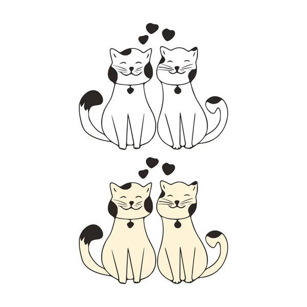 Lovely couple of cats and heart hand drawn style, Cute cartoon