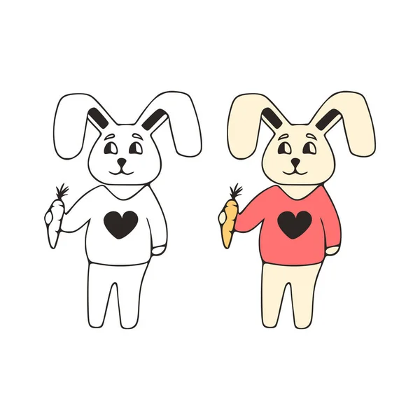Funny Rabbit Carrot Doodle Icon Cute Pets Vector Art White — 스톡 벡터
