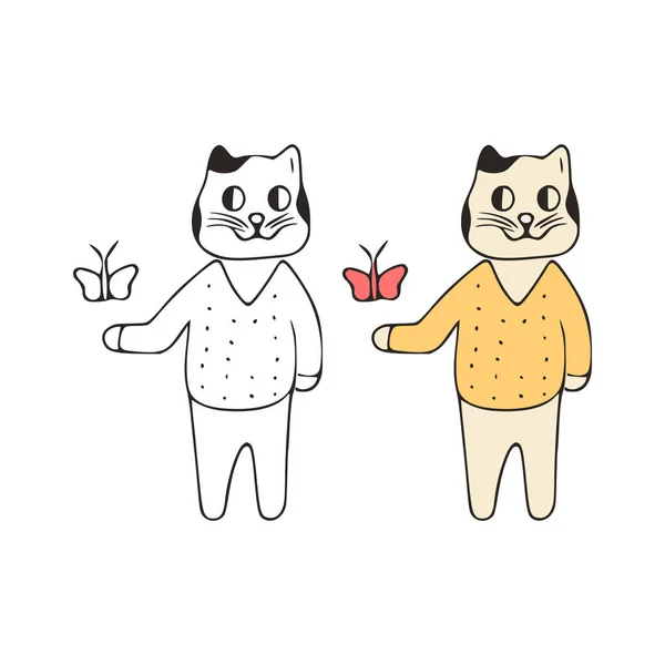 Αστείο Εικονίδιο Γάτας Και Πεταλούδας Χαριτωμένα Κατοικίδια Ζώα Διάνυσμα Τέχνης — Διανυσματικό Αρχείο