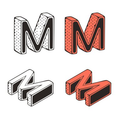 Beyaz arkaplandaki Isometric harfi m doodle vektör çizimi. Biçimlendirilmiş harf klipsi sanatı.