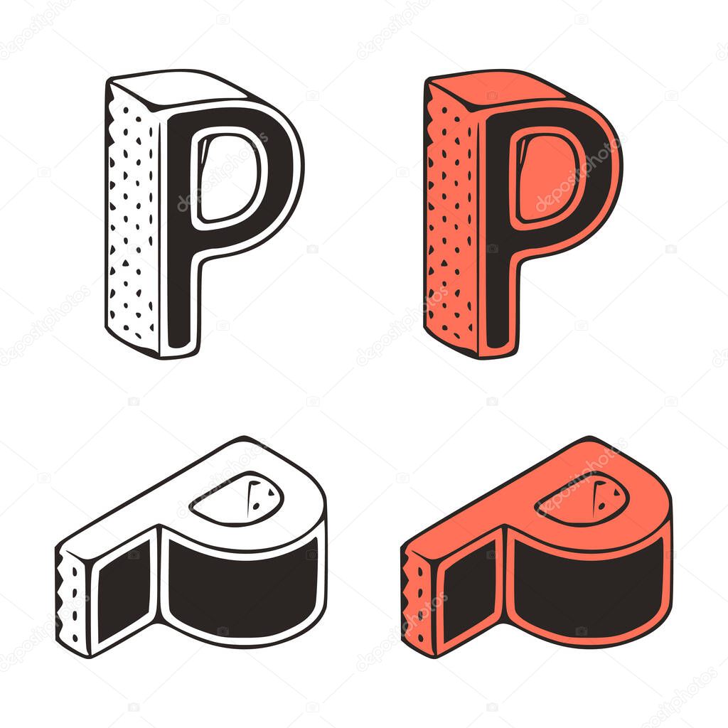 Isometric letter p doodle vector illustration on white background. Stylized letters clip art.