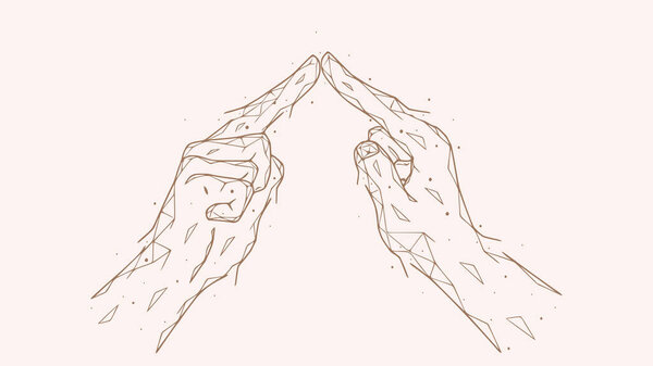 Многоугольная векторная иллюстрация касающихся пальцев. Понятие дружбы или любовных отношений. Установление контактной линии.
