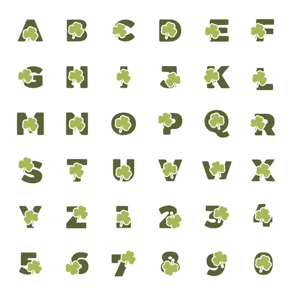 白を基調としたクローバーのシンボルが描かれた創作文字と数字のセット — ストックベクタ