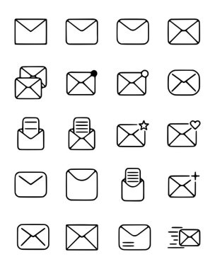 Beyaz arkaplanda izole edilmiş taslak çizim biçimindeki zarfların vektör kümesi.