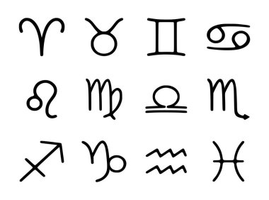 Beyaz arkaplanda karalama tarzında izole edilmiş zodyak işaretleri var. 12 astrolojik burç sembolü sanat klipsleri.