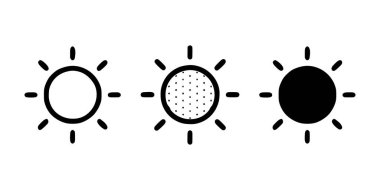 Beyaz arkaplanda izole edilmiş farklı biçimlerde güneş veya güneş sembolü vektör çizimi.