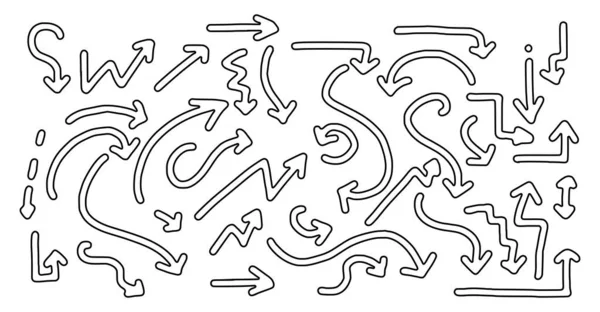 白い背景に隔離されたドードルスタイルの矢印のベクトルセット 概要手描き矢印のベクトル図 — ストックベクタ