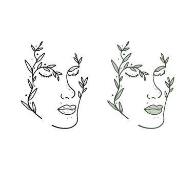 Doğa kızının doğrusal ve taslak şeklinde vektör çizimi. Beyaz arkaplanda yapraklı logo tasarımı olan kız kafası.