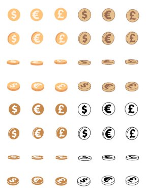 Doların, avronun ve sterlin bozuklukların vektör seti farklı stillerde. Finans ve bankacılık klip sanatı.