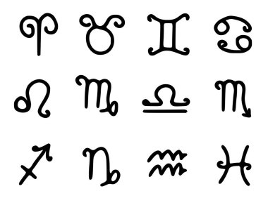 Vector set of zodiac signs in doodle style isolated on white background. Horoscope symbols clip art.