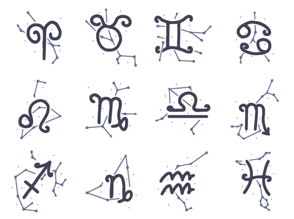 Vector Set Zodiac Signs Constellations Doodle Style Isolated White Background — Vetor de Stock