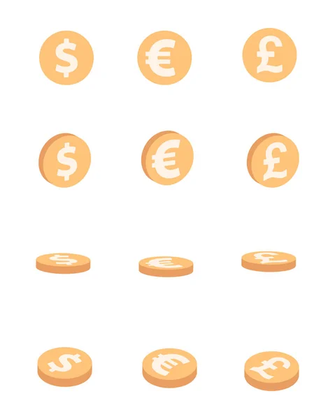 Vector Set Dollar Euro Pound Sterling Coins Flat Style Finance — 图库矢量图片