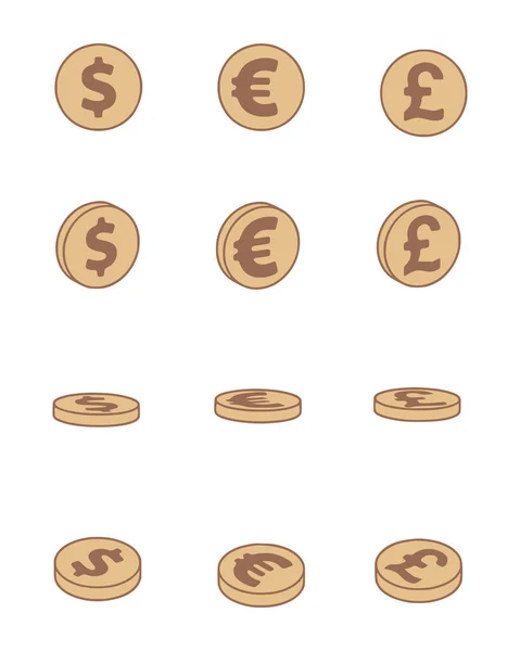 Vector Set Dollar Euro Pound Sterling Coins Cartoon Style Finance — Stockový vektor