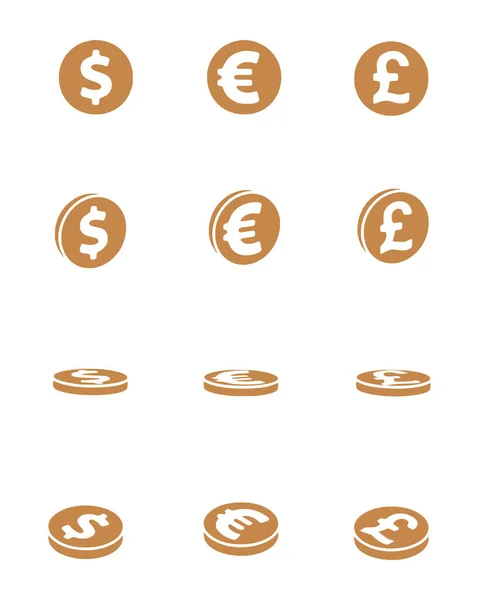 Vector Set Dollar Euro Pound Sterling Coins Solid Style Finance — 图库矢量图片