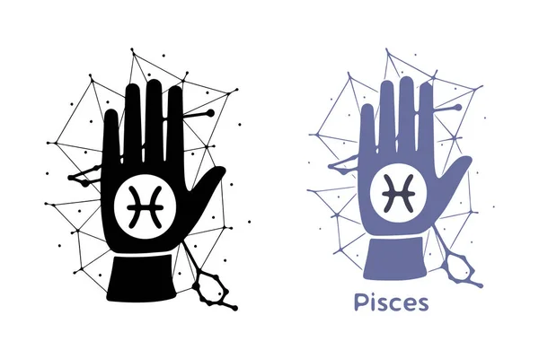 Hand Mit Fische Symbol Isoliert Auf Weißem Hintergrund Horoskop Wahrsagerkunst — Stockvektor
