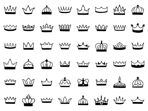 Crown Hand Drawn Icon Set Isolated White Back Royal Queen — Stock Vector