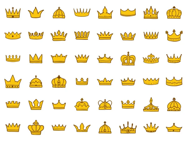 Crown Doodle Icon Set Isolated White Back Royal Queen Sign — Stockový vektor