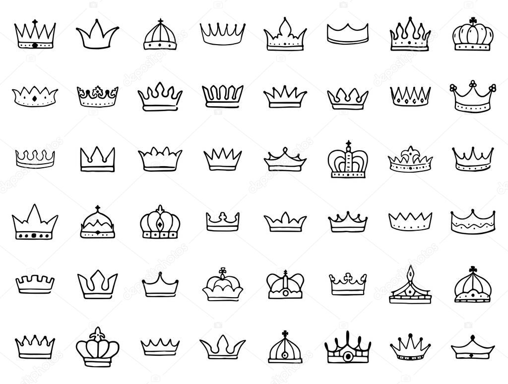 Crown hand drawn outline icon set isolated on white back. Royal or queen sign, premium symbols, doodles clip art.