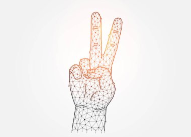 Peace concept art. Polygonal vector illustration of a hand showing a gesture of peace or victory on a white background. Hand with two fingers up low poly design.