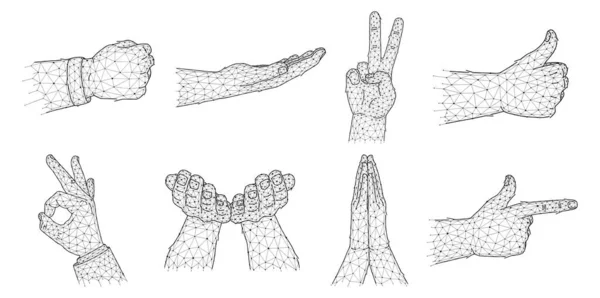 Vector Set Hands Showing Gestures Polygonal Style Hand Gestures Thumbs — Wektor stockowy