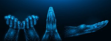 Abstract vector illustration of hand gestures, pleading, giving hand, cupped palms together on a dark blue background. Hand gesture set in polygonal style.