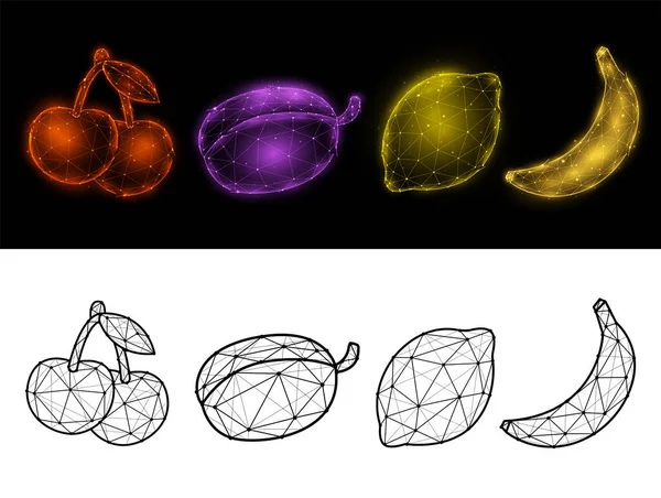 Illustration Vectorielle Polygonale Cerise Prune Citron Banane Isolée Sur Fond — Image vectorielle