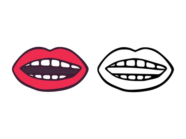 Mouth Lips Teeth Cartoon Outline Style Isolated White Background Smile — Stock Vector