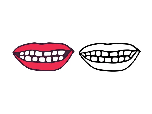 Mouth Lips Teeth Cartoon Outline Style Isolated White Background — Stock Vector