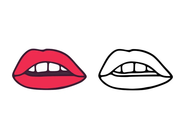 Mouth Lips Teeth Cartoon Outline Style Isolated White Background — Stock Vector