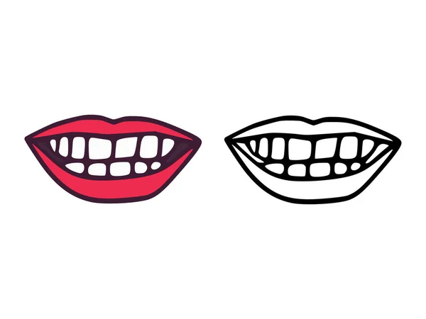 Mouth Lips Teeth Cartoon Outline Style Isolated White Background Smile — Stock Vector