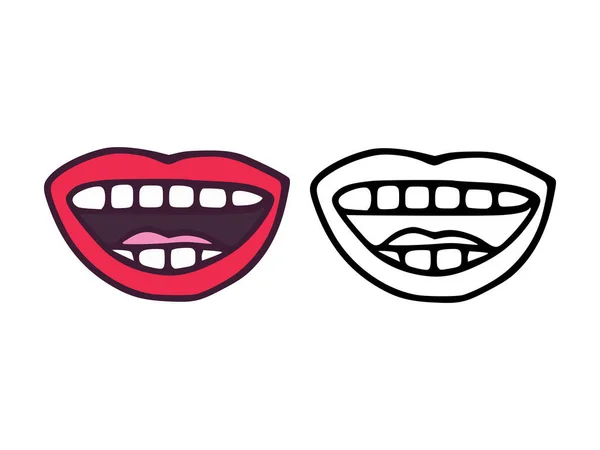 Open Mouth Lips Cartoon Outline Style Isolated White Background Smile — Stock Vector