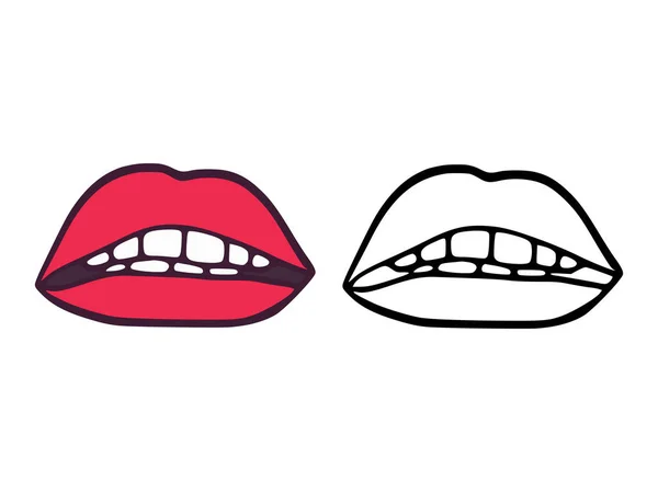 Mouth Lips Teeth Cartoon Outline Style Isolated White Background — Stock Vector