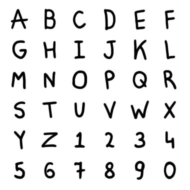 Karalama tarzında bir dizi harf ve sayı. El çizimi alfabe harfleri vektör klipsi sanatı.