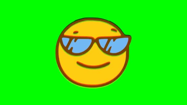 Koele Emoticon Met Glazen Glitch Effect Groene Achtergrond Emoji Bewegende — Stockvideo