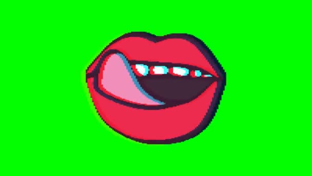 Lèvres Minces Avec Langue Avec Effet Glitch Sur Fond Vert — Video