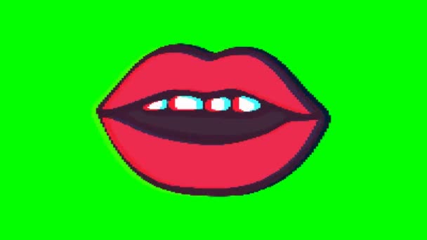 Mond Glimlach Lippen Met Glitch Effect Groene Achtergrond Emoji Bewegende — Stockvideo