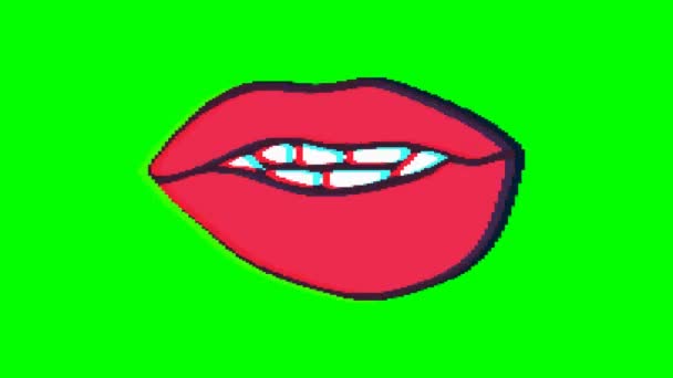 Рот Або Губи Глюковим Ефектом Зеленому Тлі Емодзі Графіка Руху — стокове відео