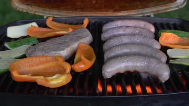 Closing Grill Grilling Meat Vegetables — Stock Video