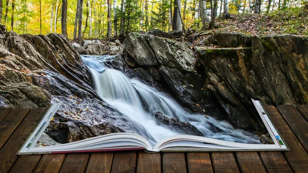 Open Book Wooden Deck Waterfall Autumn Season — Foto Stock