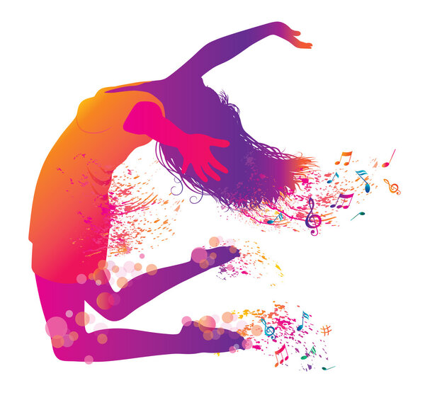 Active Jumping and Dancing Young Woman. Abstract Music Banner.