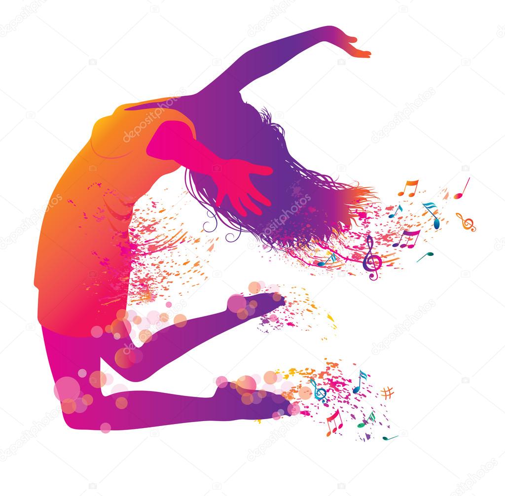 Active Jumping and Dancing Young Woman. Abstract Music Banner.