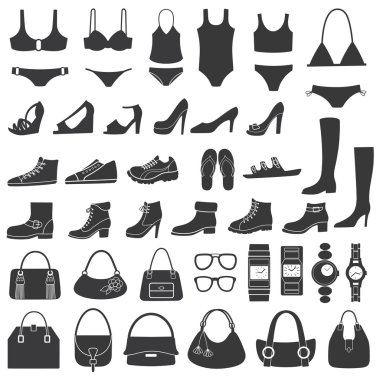 vector silhouettes kümesi: Ayakkabı, mayo ve aksesuarları. simgeler.