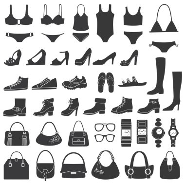 Set of vector silhouettes: shoes, swimwear and accessories. Icons. clipart