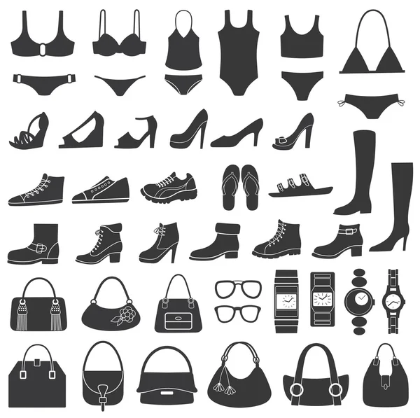 Vector silhouettes kümesi: Ayakkabı, mayo ve aksesuarları. simgeler. — Stok Vektör