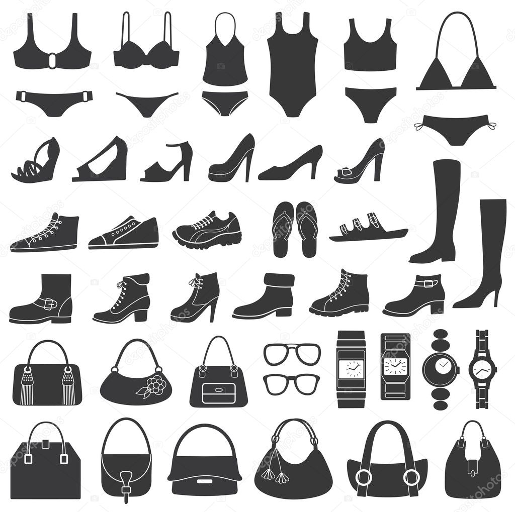 Set of vector silhouettes: shoes, swimwear and accessories. Icons.