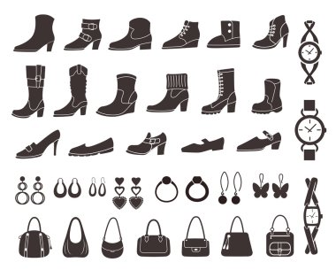 vector silhouettes kümesi: Ayakkabı ve aksesuarları. simgeler.