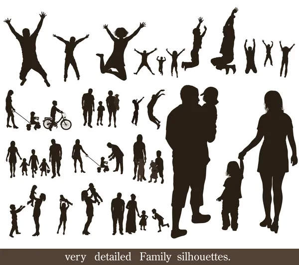 Set of very detailed family silhouettes. Jumping and walking. — Stock Vector